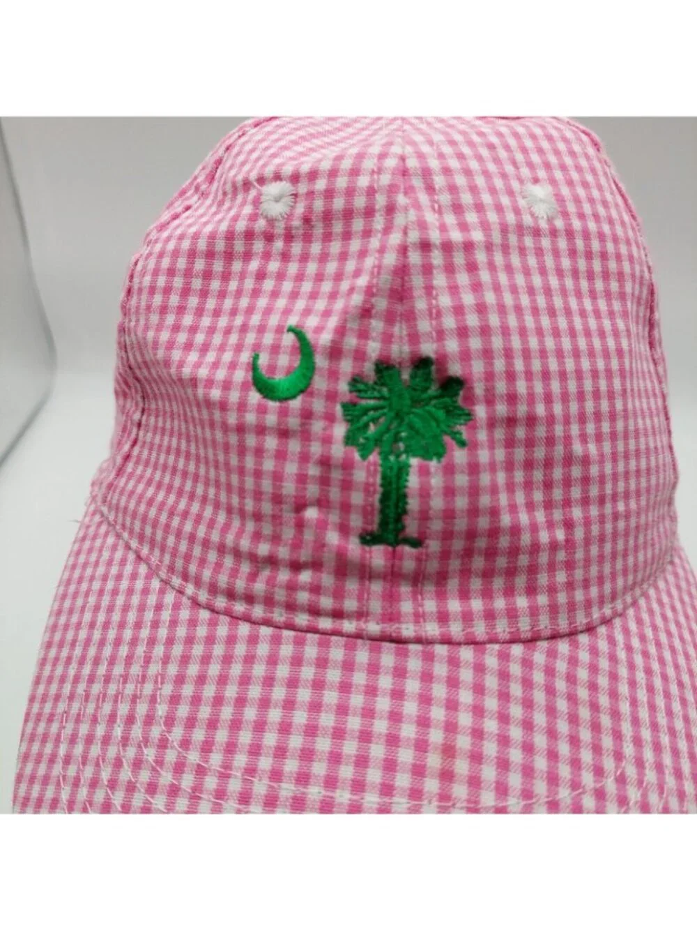 Palmetto Crescent Moon Plaid Picnic Cap Green Palm Tree Pink Gingham Strapback